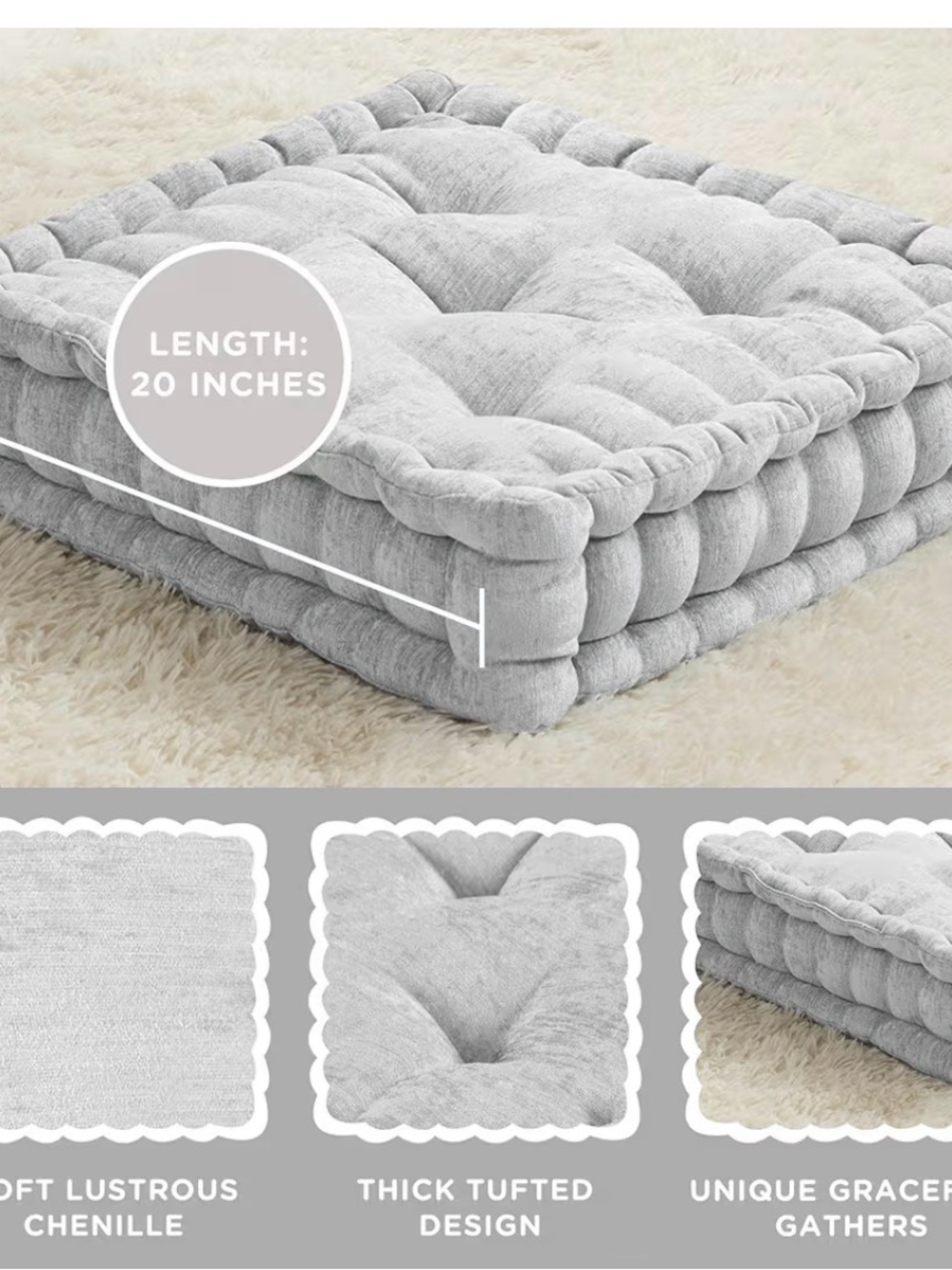 🛋️ 🆕Codi Chenille Floor Pillows Bundle of 2 Individual Gray Cushions - Picture 2 of 5